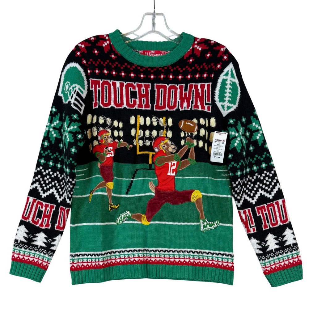 33 Degrees Football Reindeer Ugly Christmas Sweater Green Red •M• Kitscy Festive